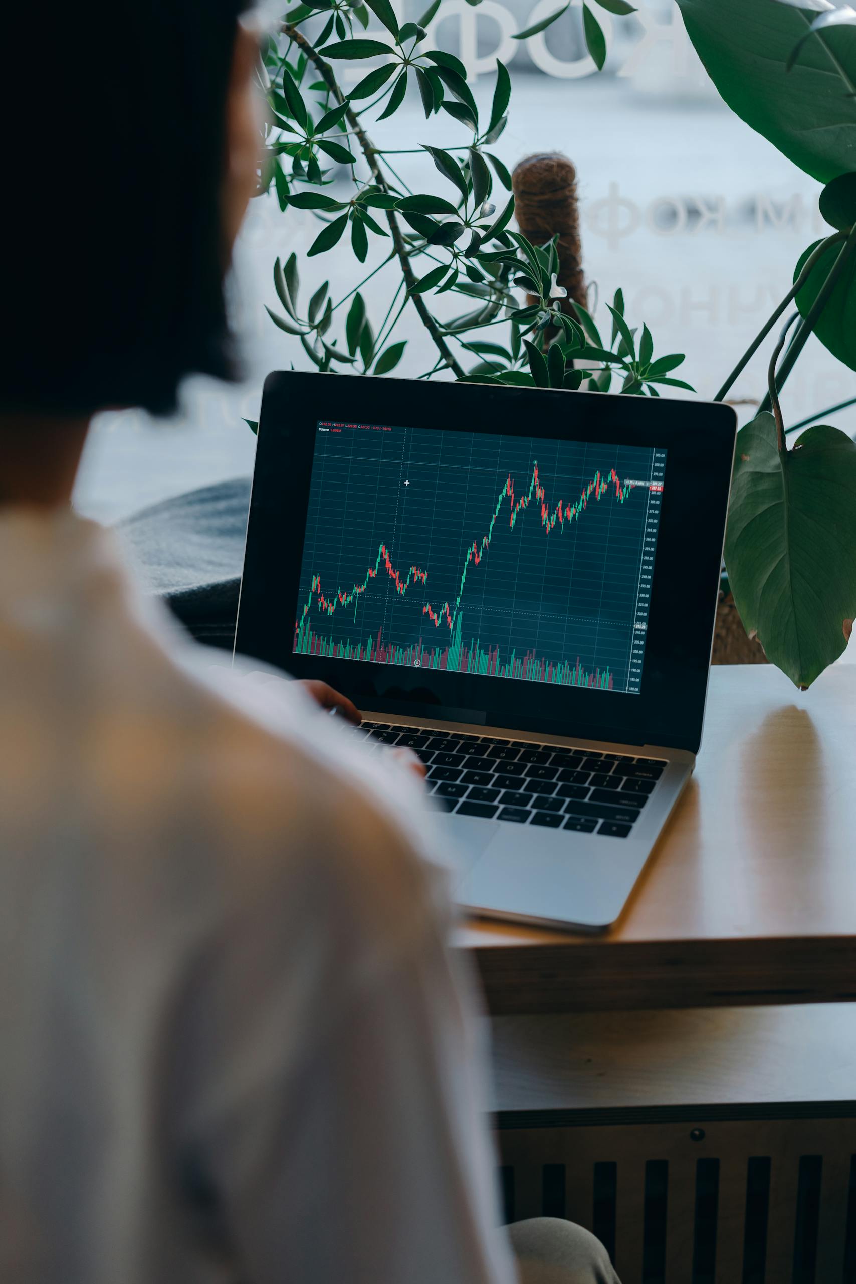 A person analyzing stock market graphs on a laptop in an indoor setting, ideal for business and finance themes.